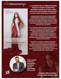 the cover of a magazine with an image of a woman in a red dress